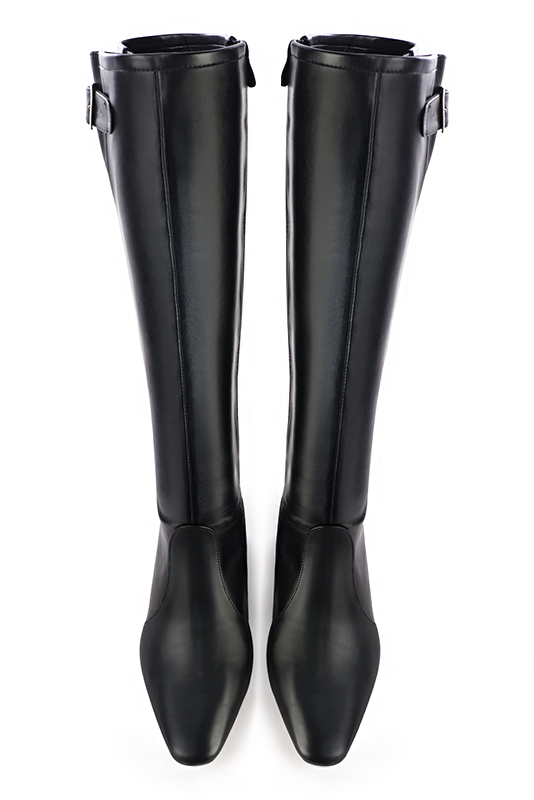 Satin black women's knee-high boots with buckles. Square toe. Flat flare heels. Made to measure. Top view - Florence KOOIJMAN